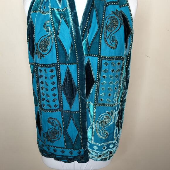 Teal Crushed Velvet Scarf Paisley Floral Geometric Sheer 58" x 9.5" - Picture 3 of 13